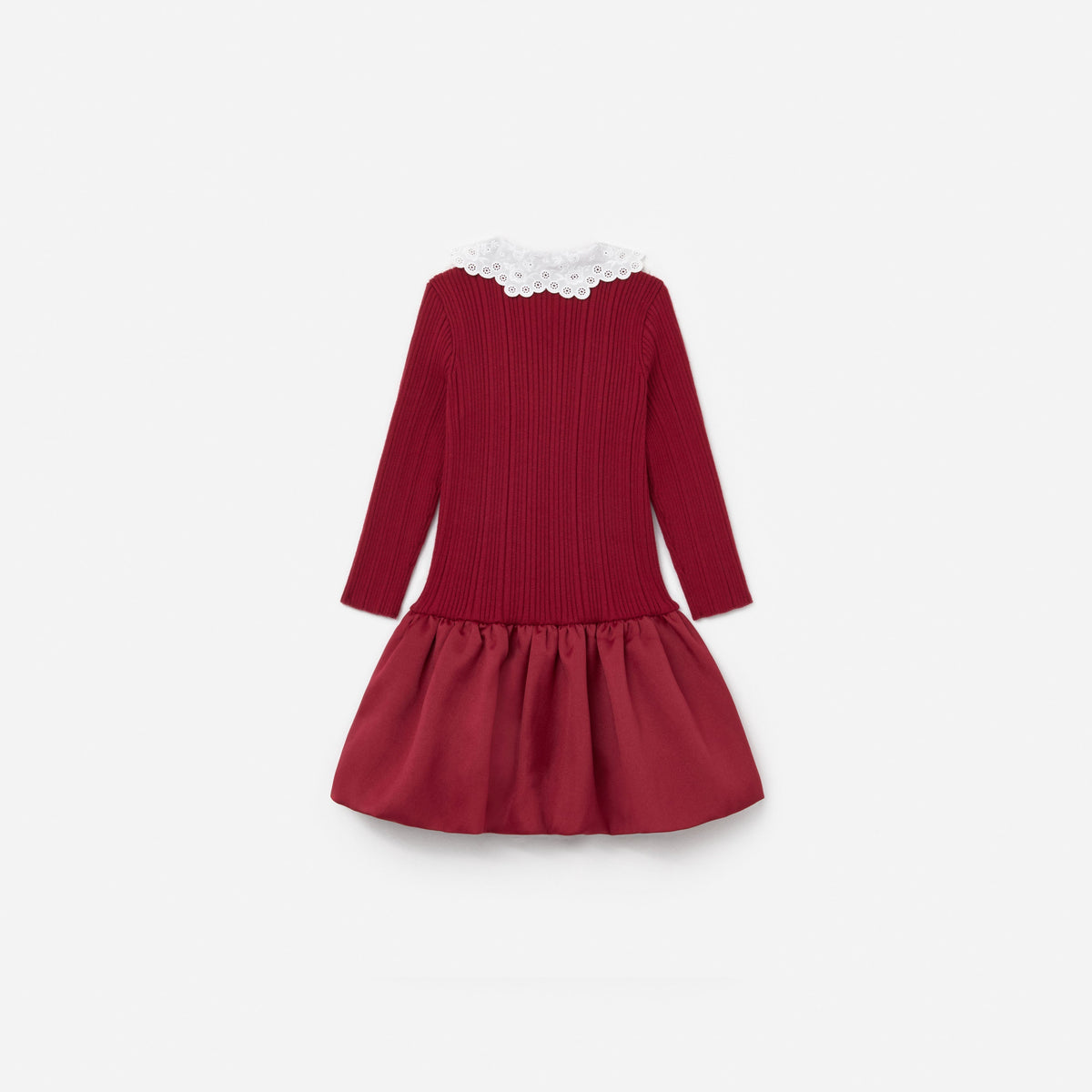 Bordo Tafta Etekli Örme Çocuk Elbise