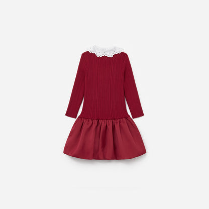 Bordo Tafta Etekli Örme Çocuk Elbise