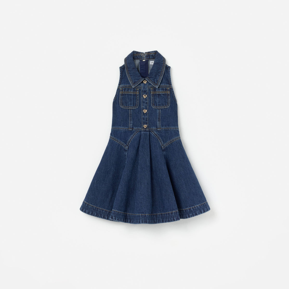 Mavi Kalp Düğme Detaylı Çocuk Denim Elbise