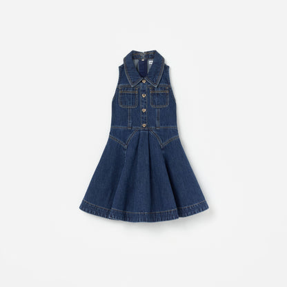 Mavi Kalp Düğme Detaylı Çocuk Denim Elbise