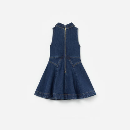 Mavi Kalp Düğme Detaylı Çocuk Denim Elbise
