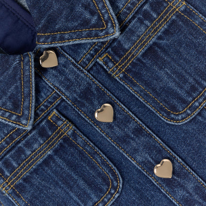 Mavi Kalp Düğme Detaylı Çocuk Denim Elbise