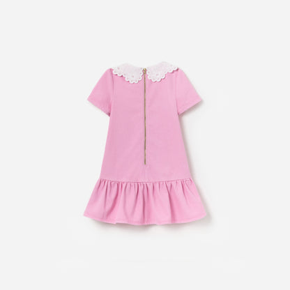 Pembe Kontrast Yaka Çocuk Kot Elbise