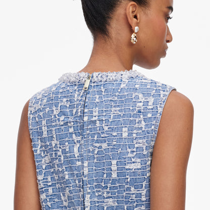 Mavi Dokulu İnci Detaylı Denim Mini Elbise