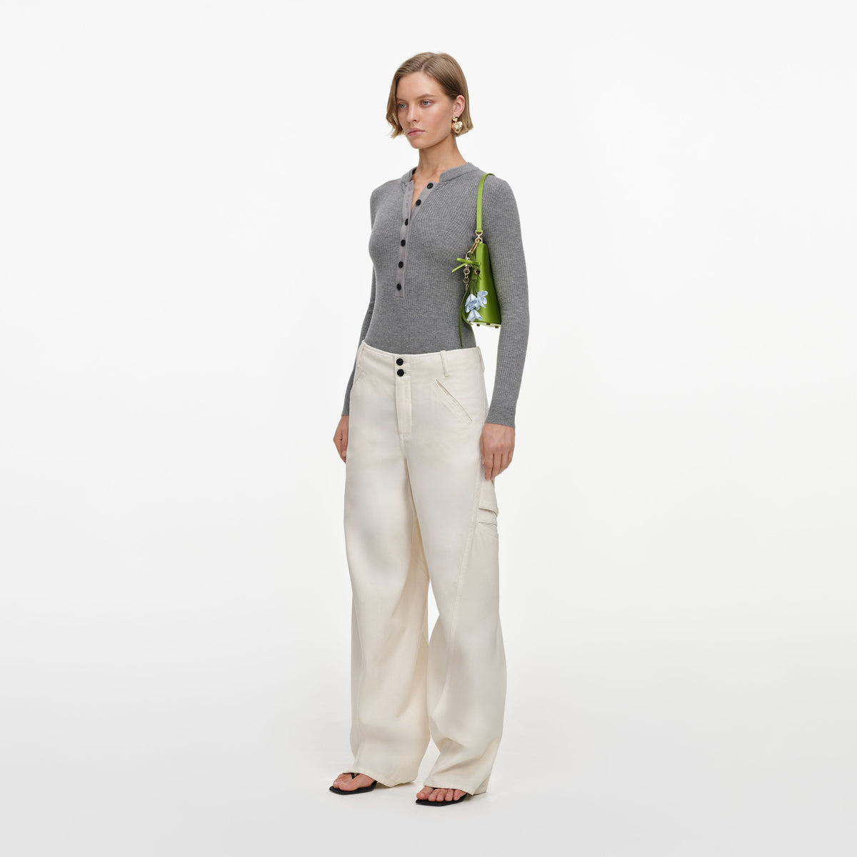 Krem Cep Detaylı Denim Pantolon