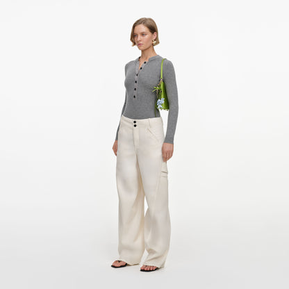 Krem Cep Detaylı Denim Pantolon