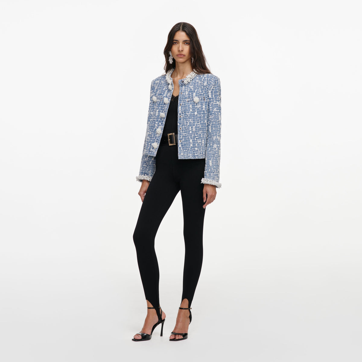 Mavi Dokulu İnci Detaylı Denim Ceket