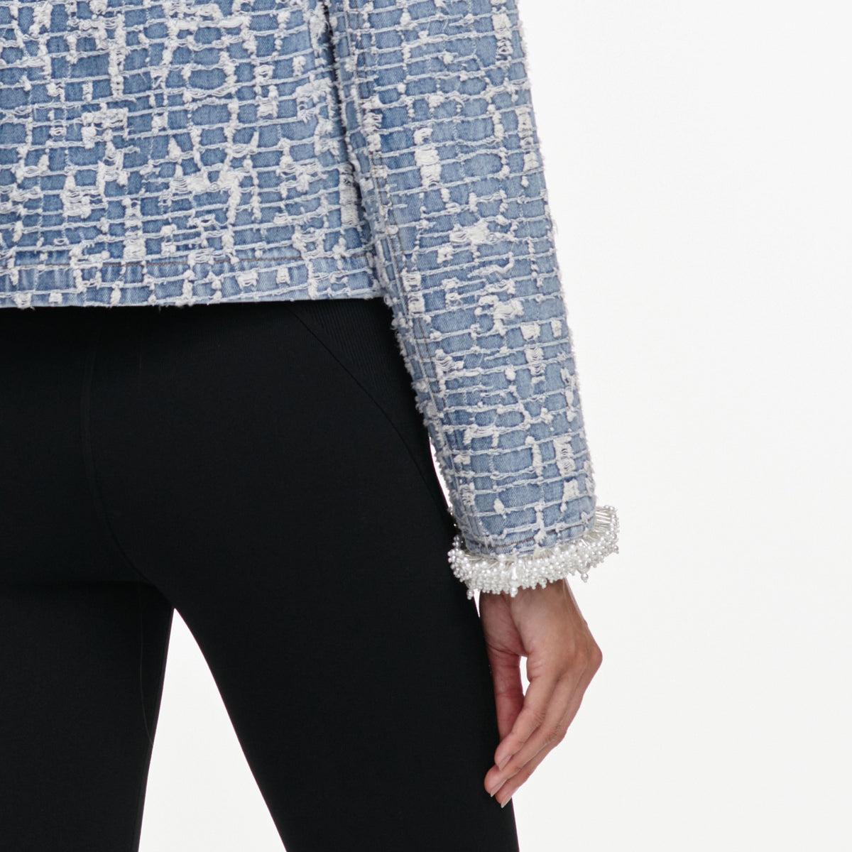 Mavi Dokulu İnci Detaylı Denim Ceket