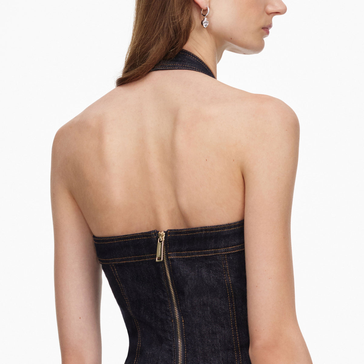 İndigo Boyundan Bağlamalı Denim Midi Elbise