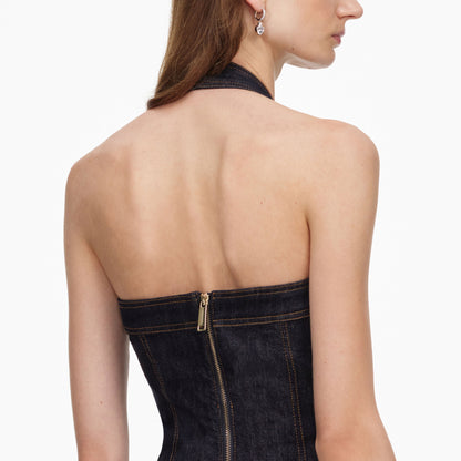 İndigo Boyundan Bağlamalı Denim Midi Elbise