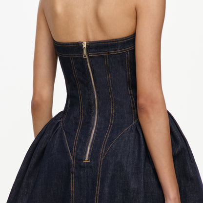 İndigo Boyundan Bağlamalı Kloş Denim Mini Elbise
