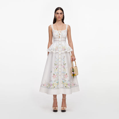 Beyaz Çiçekli Keten Karışımlı Peplum Midi Elbise