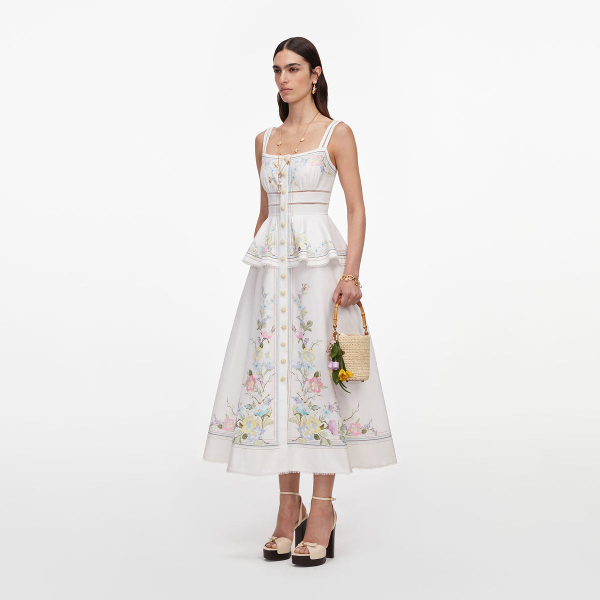 Beyaz Çiçekli Keten Karışımlı Peplum Midi Elbise