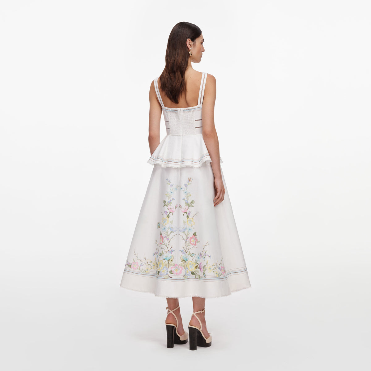 Beyaz Çiçekli Keten Karışımlı Peplum Midi Elbise