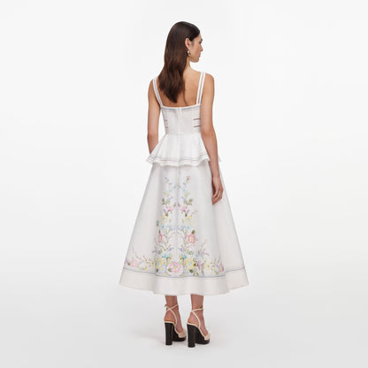 Beyaz Çiçekli Keten Karışımlı Peplum Midi Elbise