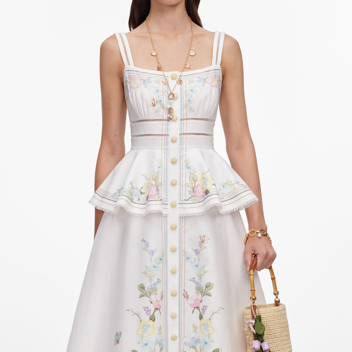 Beyaz Çiçekli Keten Karışımlı Peplum Midi Elbise