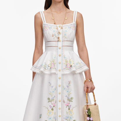 Beyaz Çiçekli Keten Karışımlı Peplum Midi Elbise