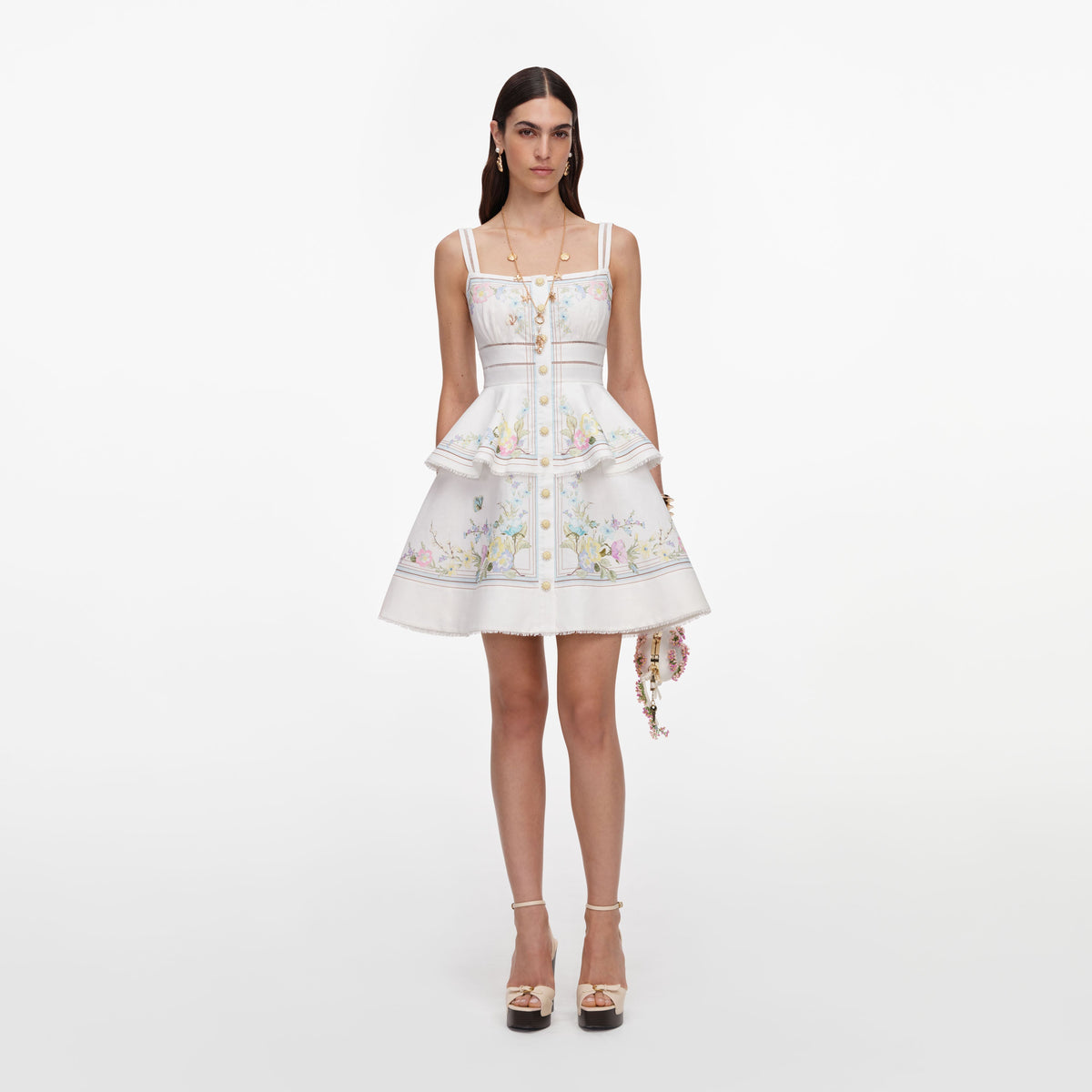 Beyaz Çiçek ve Dantel Detaylı Peplum Mini Elbise