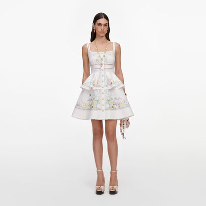 Beyaz Çiçek ve Dantel Detaylı Peplum Mini Elbise