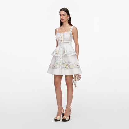 Beyaz Çiçek ve Dantel Detaylı Peplum Mini Elbise
