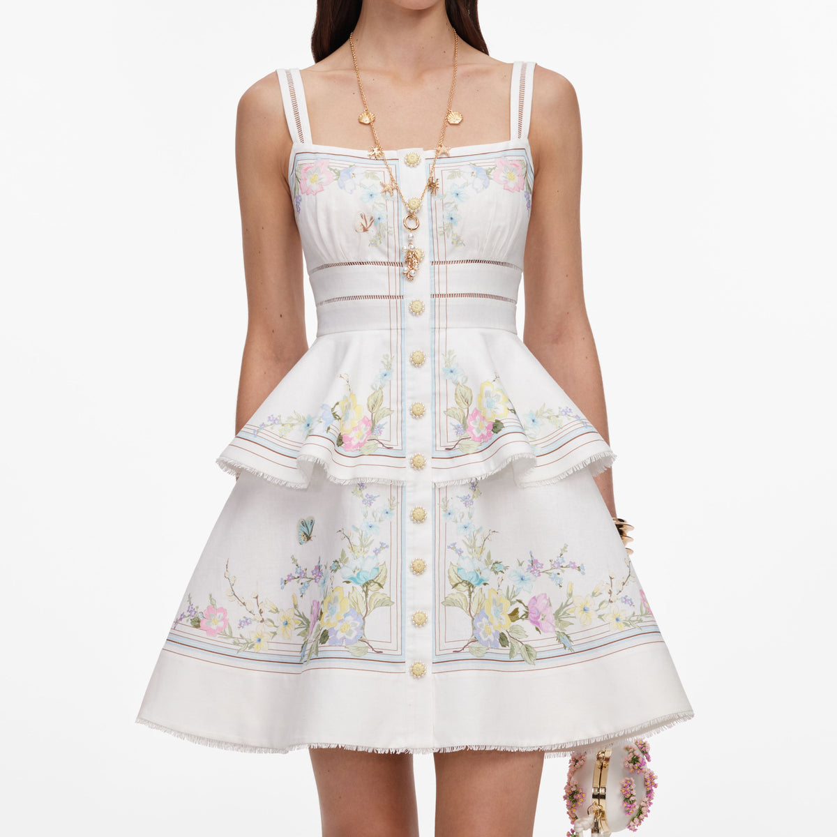 Beyaz Çiçek ve Dantel Detaylı Peplum Mini Elbise