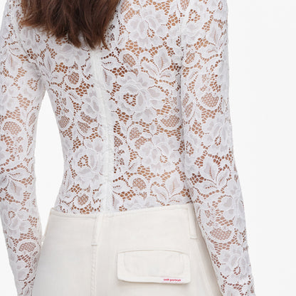 Beyaz Çiçekli Dantel Detaylı Bodysuit