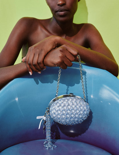 Mavi Kristal ve Fiyonk Detaylı Oval Clutch Çanta
