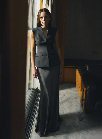 Gri Yün ve Saten Peplum Detaylı Maksi Elbise