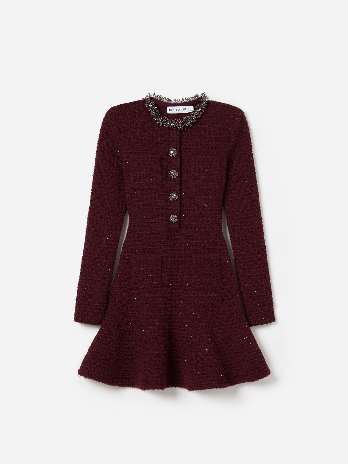 Bordo Taş Detaylı Triko Mini Elbise