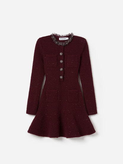 Bordo Taş Detaylı Triko Mini Elbise