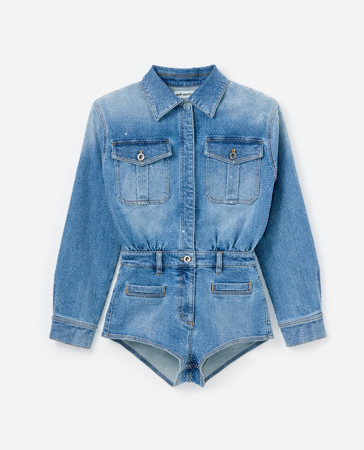 Mavi Taşlı Denim Şort Tulum