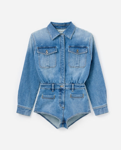 Mavi Taşlı Denim Şort Tulum