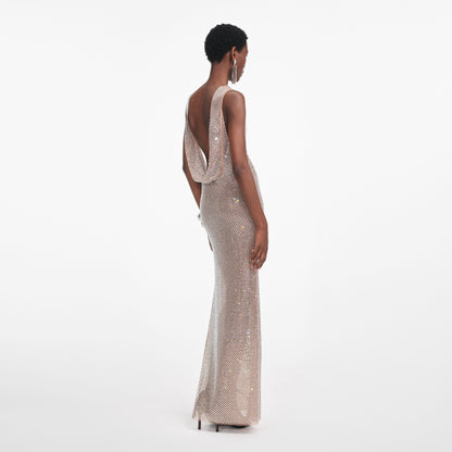 Gümüş Taş Detaylı Drape Maxi Elbise