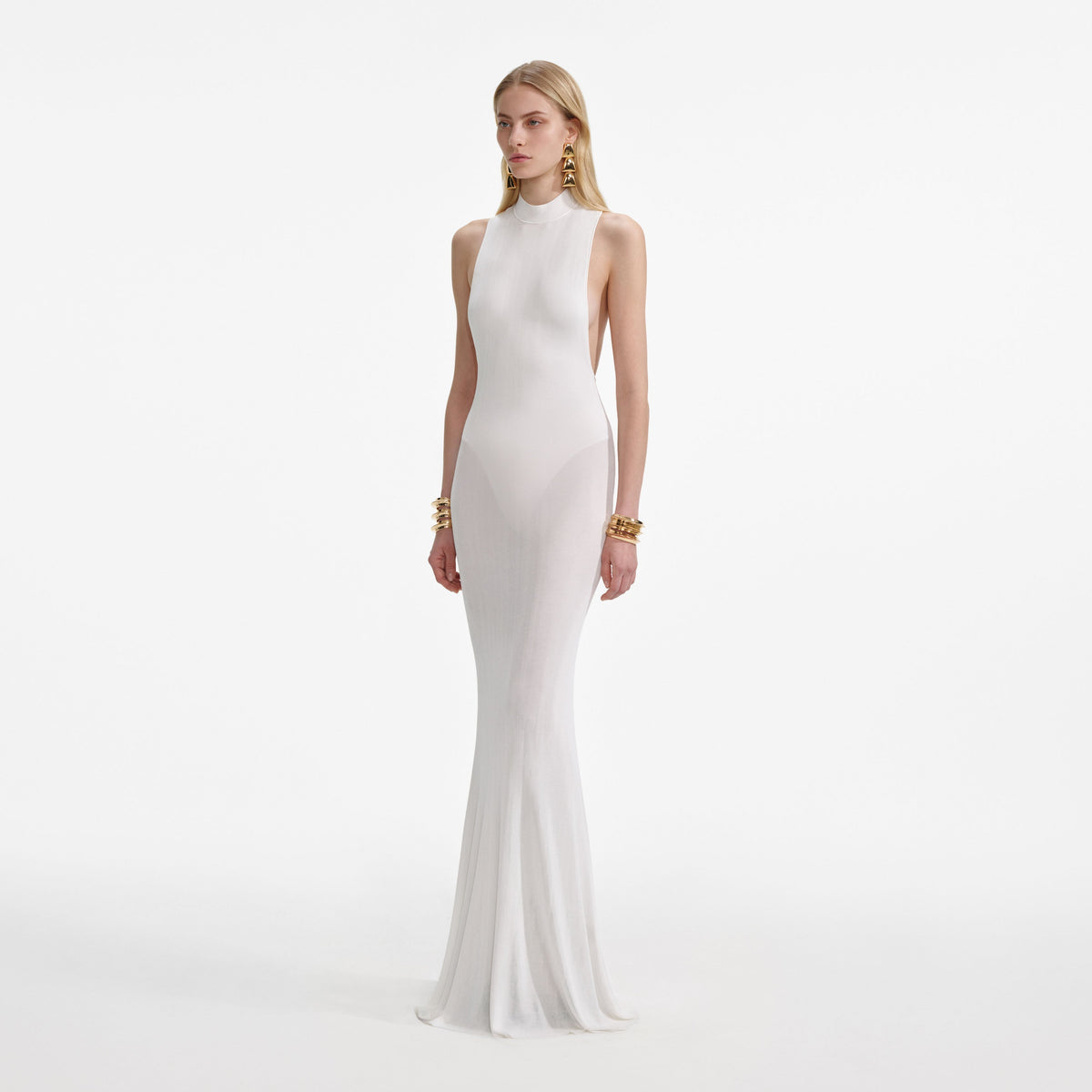 Beyaz Sırt Dekolteli Viskon Triko Maksi Elbise