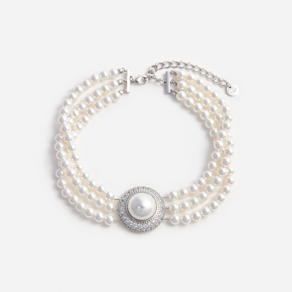 Gümüş İnci ve Kristal Detaylı Choker Kolye