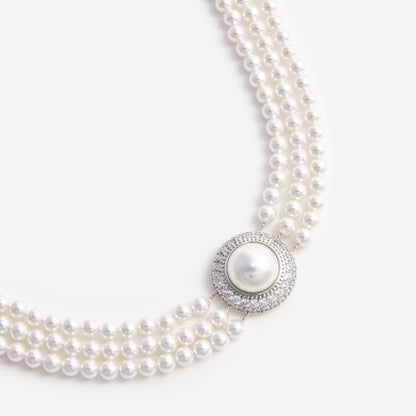 Gümüş İnci ve Kristal Detaylı Choker Kolye