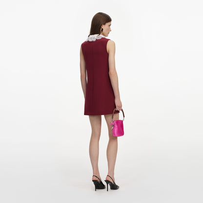 Bordo Krep ve Dantel Yaka Detaylı Mini Elbise