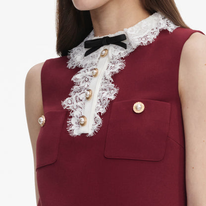 Bordo Krep ve Dantel Yaka Detaylı Mini Elbise