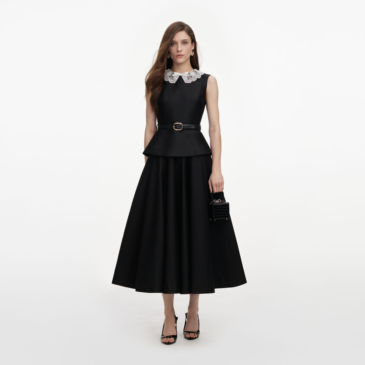 Siyah Tafta Peplum Detaylı Midi Elbise