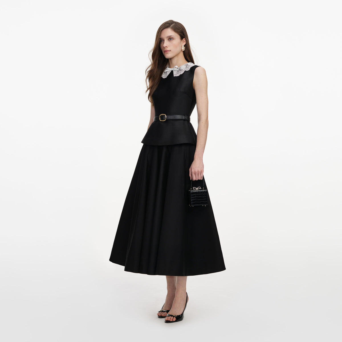 Siyah Tafta Peplum Detaylı Midi Elbise