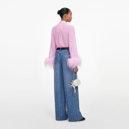 Pembe Şifon Tüy Detaylı Bluz