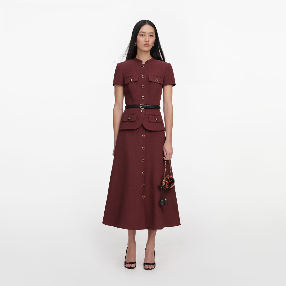 Kahverengi Keten Peplum ve Kemer Detaylı Midi Elbise
