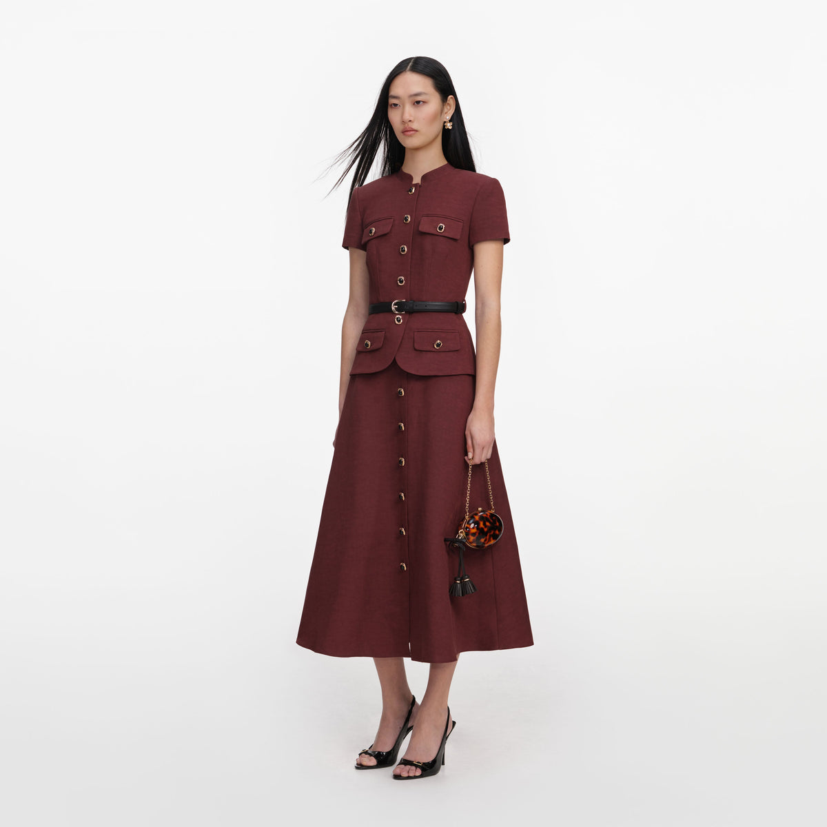 Kahverengi Keten Peplum ve Kemer Detaylı Midi Elbise