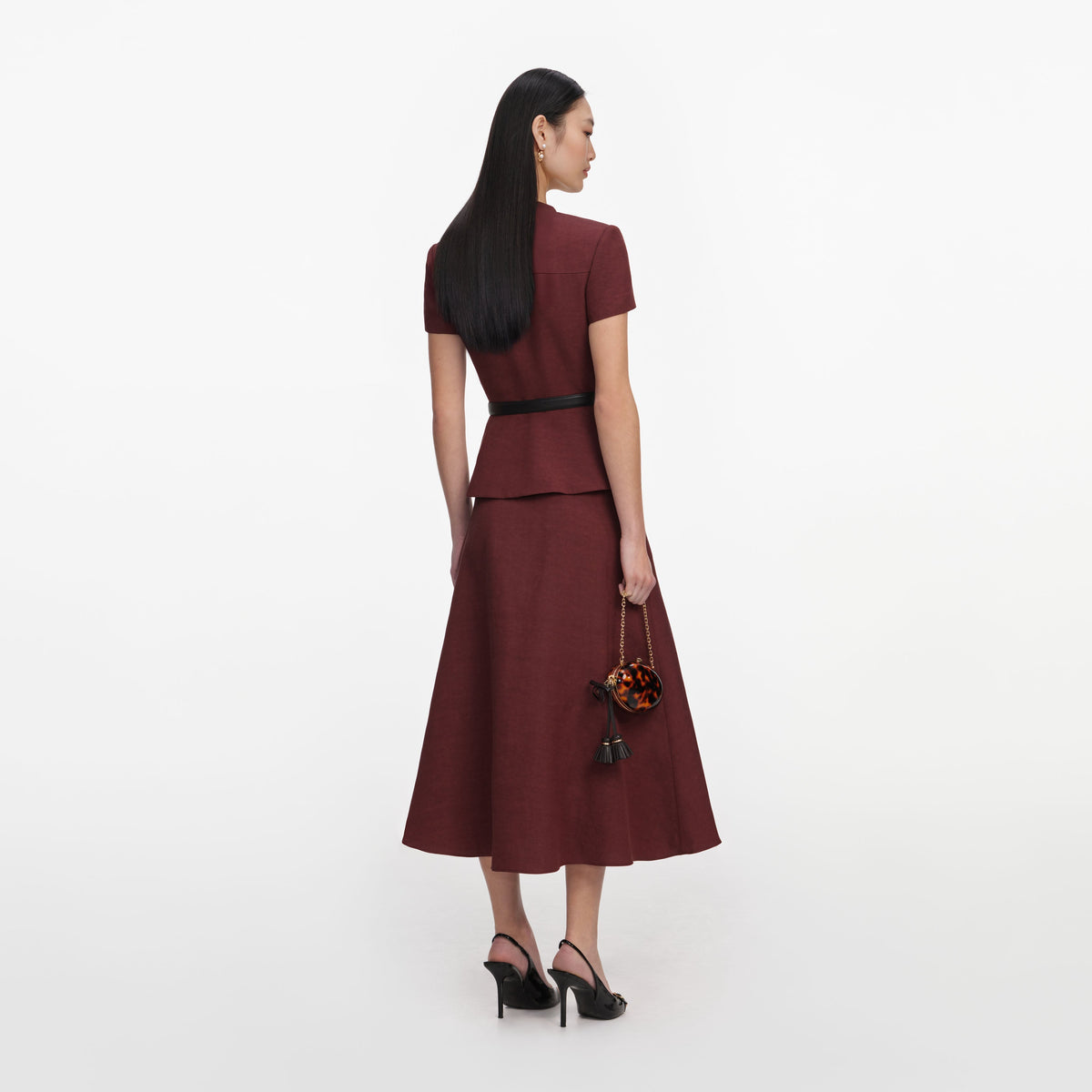 Kahverengi Keten Peplum ve Kemer Detaylı Midi Elbise