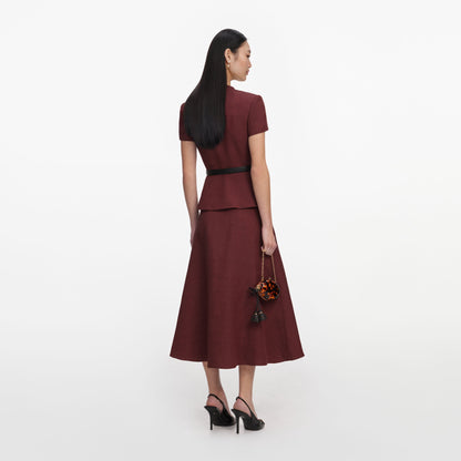 Kahverengi Keten Peplum ve Kemer Detaylı Midi Elbise