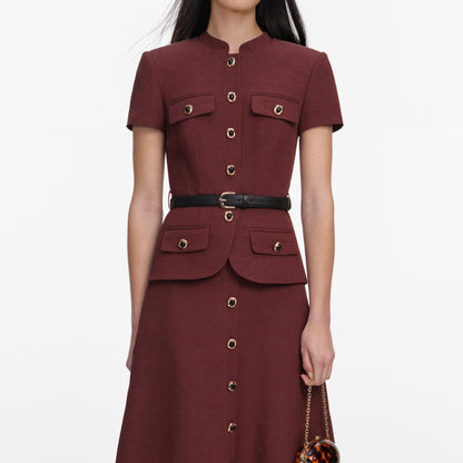 Kahverengi Keten Peplum ve Kemer Detaylı Midi Elbise