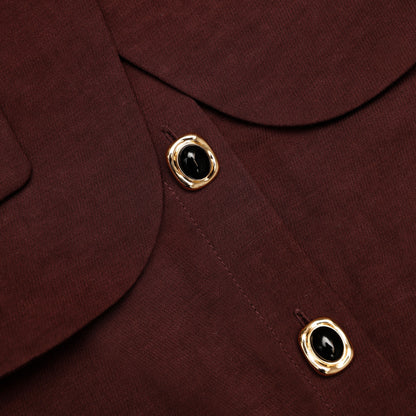 Kahverengi Keten Peplum ve Kemer Detaylı Midi Elbise