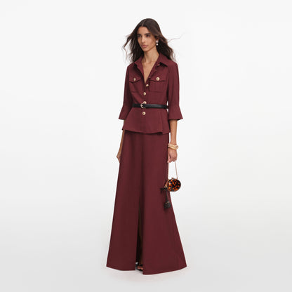 Kahverengi Düğme Detaylı Kemerli Twill Maksi Elbise