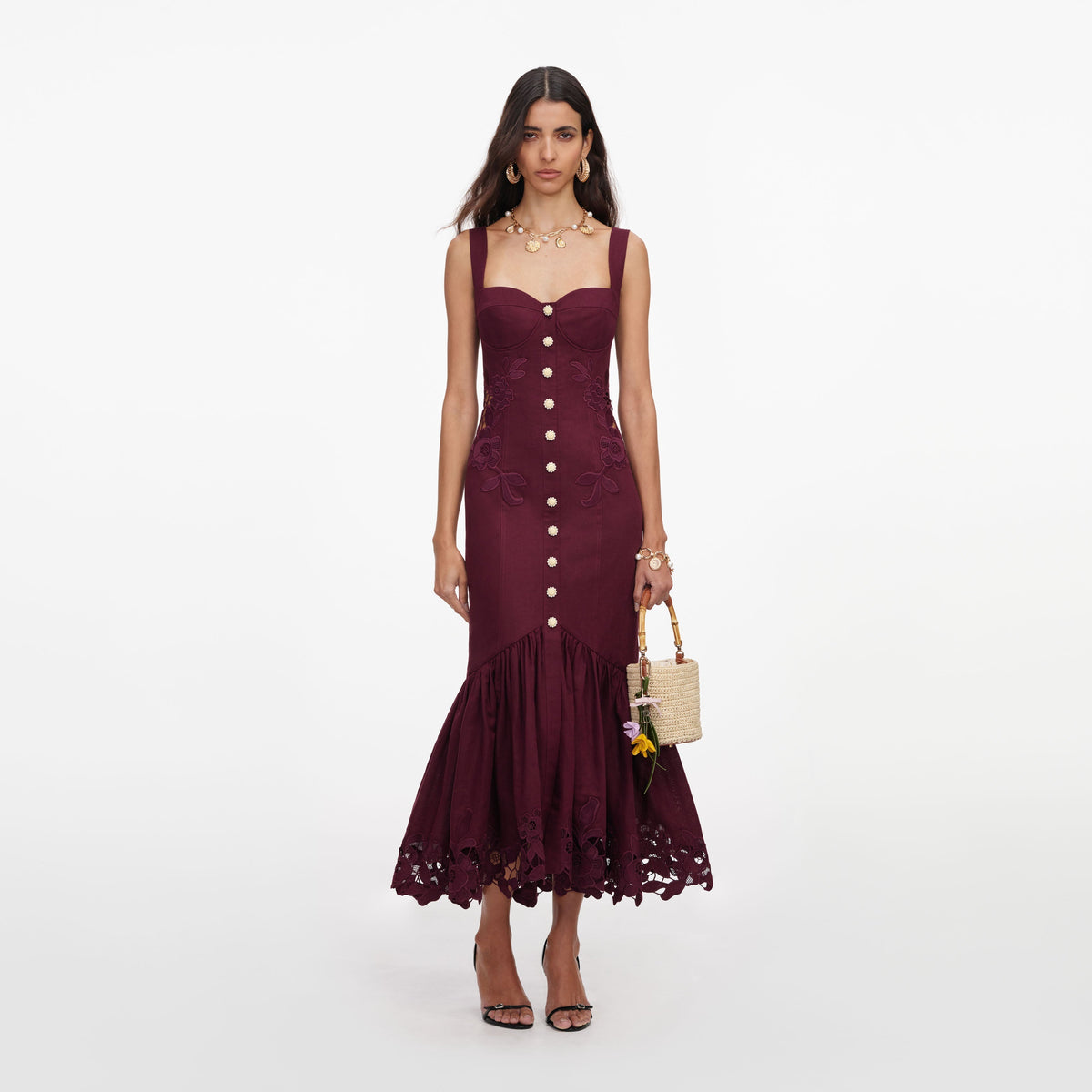 Mürdüm Dantel Detaylı Keten Midi Elbise