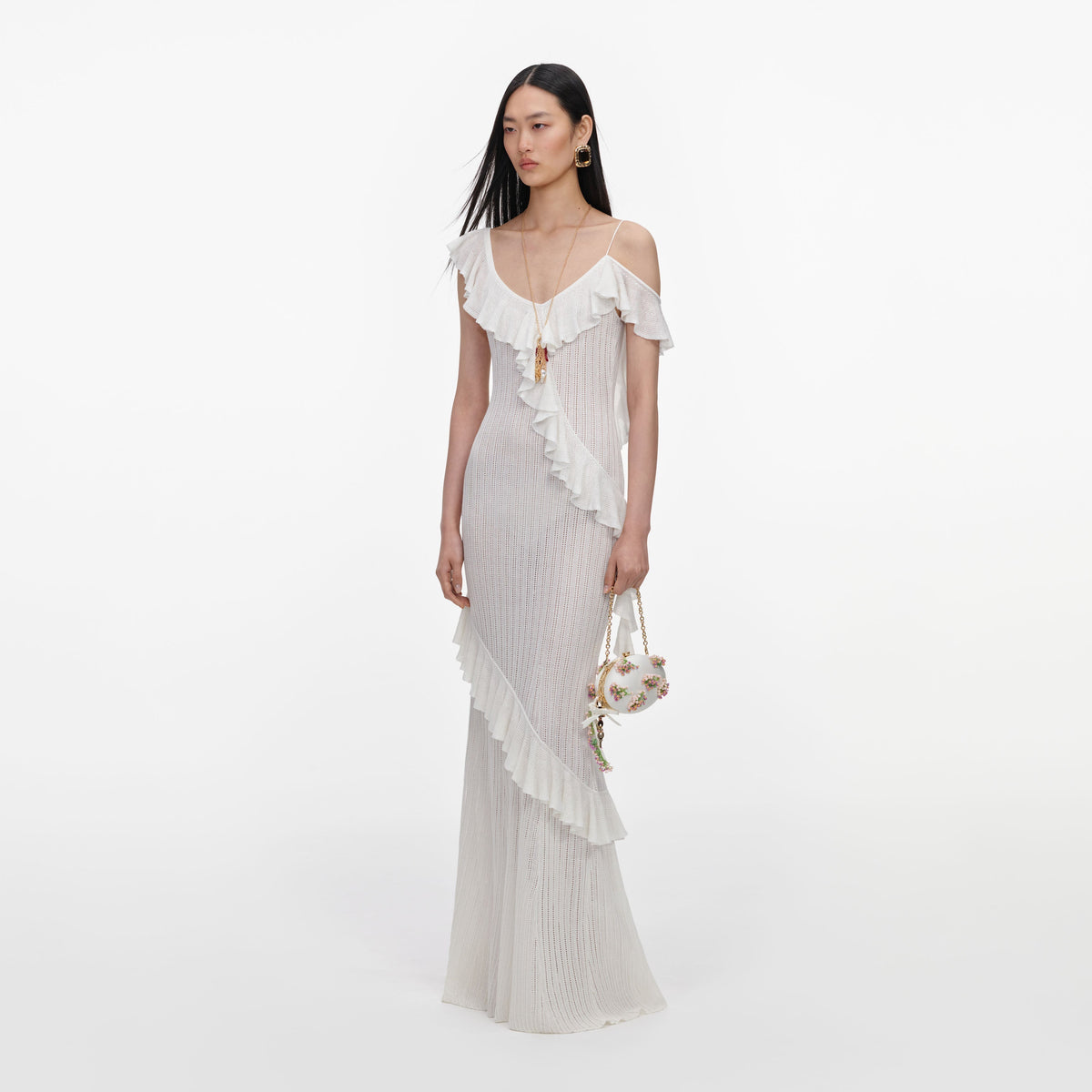 Beyaz Fırfır Detaylı Triko Maksi Elbise